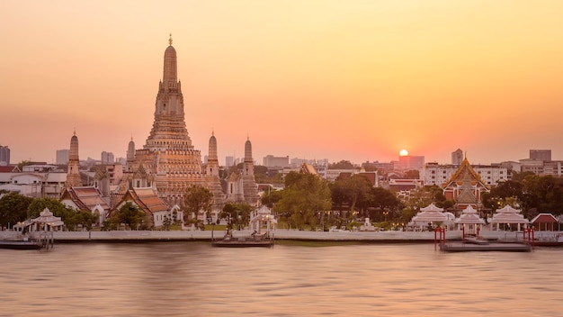 Beautiful view of Wat Arun Temple at sunset in Bangkok, Thailand