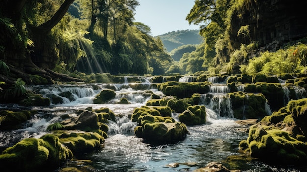 Beautiful view of waterfall in forest with rocky mountains on bright background