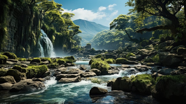 Beautiful view of waterfall in forest with rocky mountains on bright background