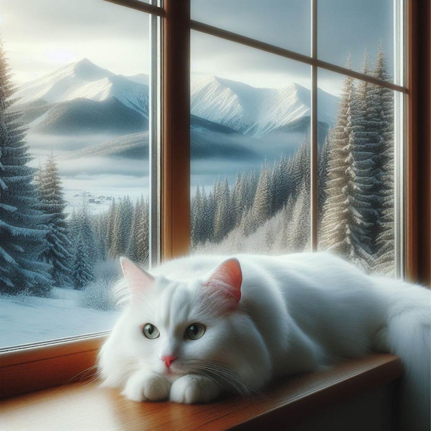 Beautiful view white cat on the window cosy photo winter