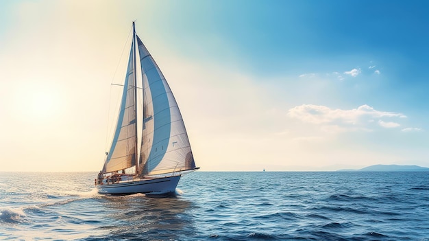 Beautiful view of yacht sailing in the sea with sunset