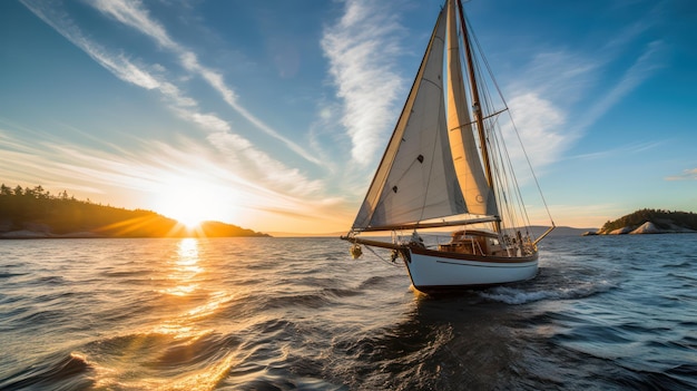 Beautiful view of yacht sailing in the sea with sunset