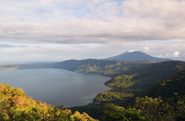 A beautiful viewpoint of Laguna de Apoyo and Mombacho volcano at mirador de catarina, Nicaragua