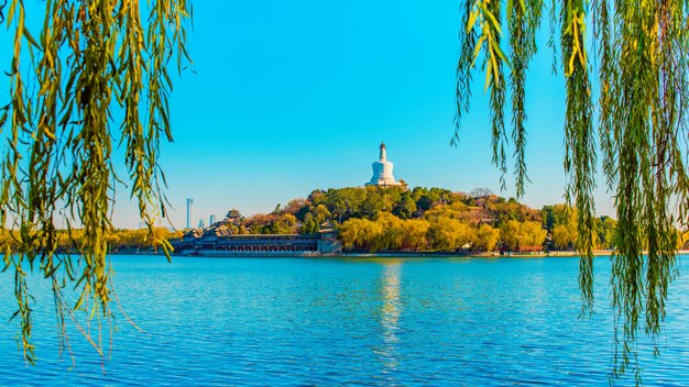 Beautiful views of Beihai Lake and Jade Island with White Pagoda in Beihai Park. Beijing, China.