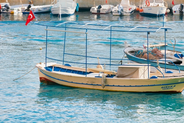 Beautiful views of the marina white fishing boats with Turkish flags