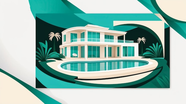 Photo beautiful villa design with pool flat illustration