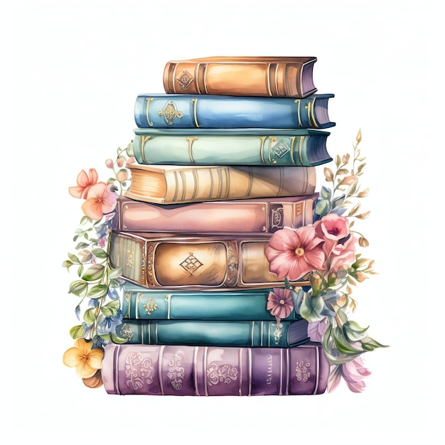 beautiful or vintage books watercolor clipart illustration