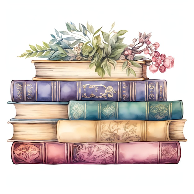 beautiful or vintage books watercolor clipart illustration