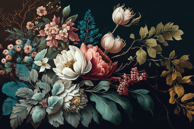 Beautiful Vintage Flower Bouquet on black Illustration Generative AI