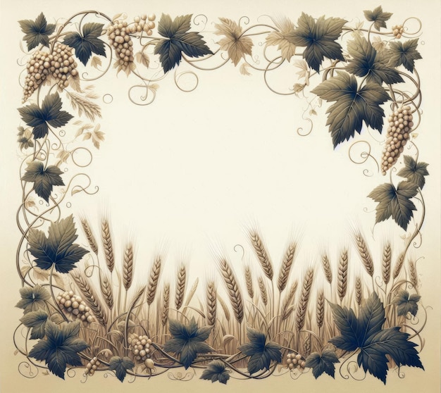 Beautiful vintage illustration of grapevines and wheat featuring intricate detailing