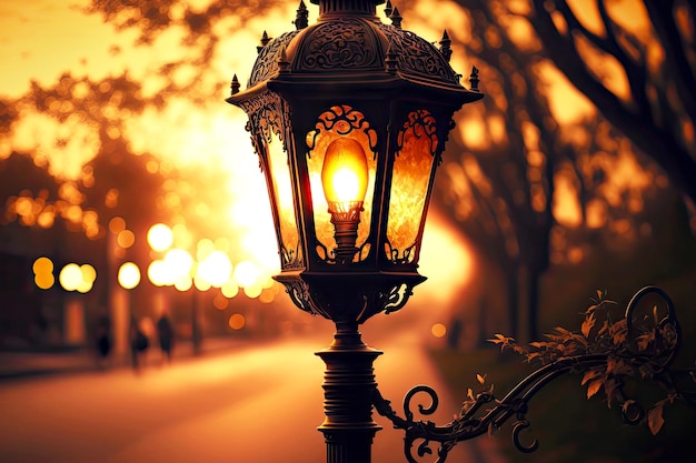 Beautiful vintage lamp post with lit lamp on alley in park