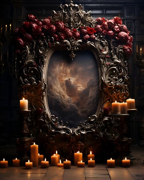 Beautiful vintage mirror with a picture of the planet earth and burning candles