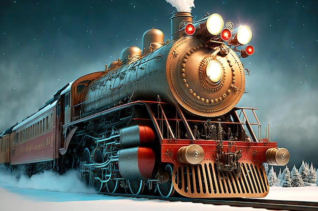 Beautiful vintage polar express train golden color with flashlights