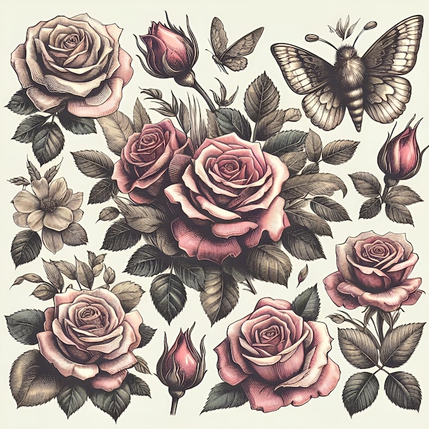 Beautiful vintage rose illustration bouquet sticker Fashionable template design