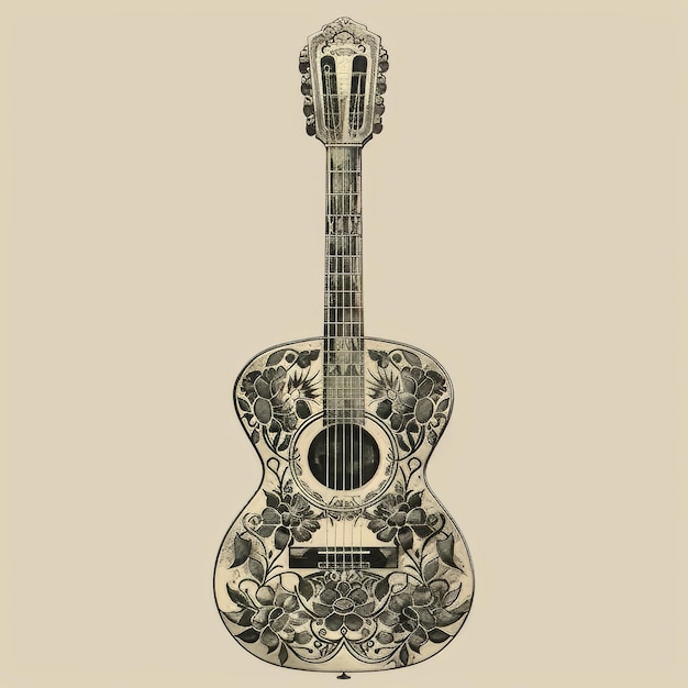 Photo a beautiful vintage woodcut illustration of an acoustic guitar surrounded by ornate floral patterns perfect for art and decor projects