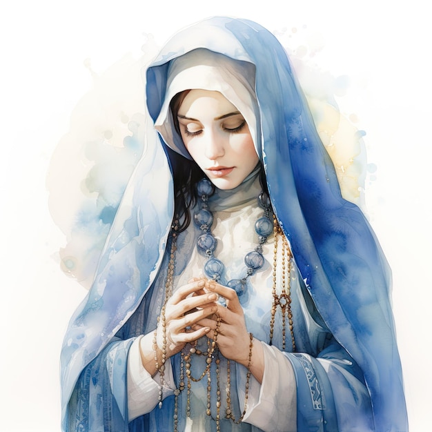 Photo beautiful virgin mary our lady praying with rosary in his hands watercolor detailed background