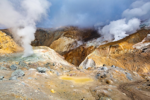 Beautiful volcanic landscape crater of active volcano hot spring lava field gassteam activity