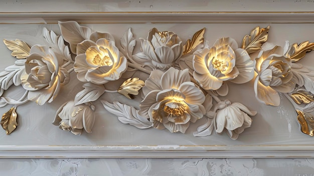 Beautiful voluminous flowers stucco molding on a plaster wall