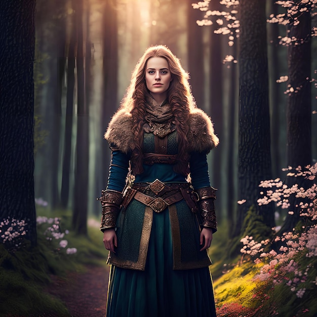 Beautiful warrior viking woman at the forest generative art by AI