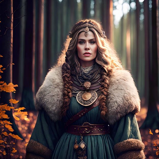 Beautiful warrior viking woman at the forest generative art by AI