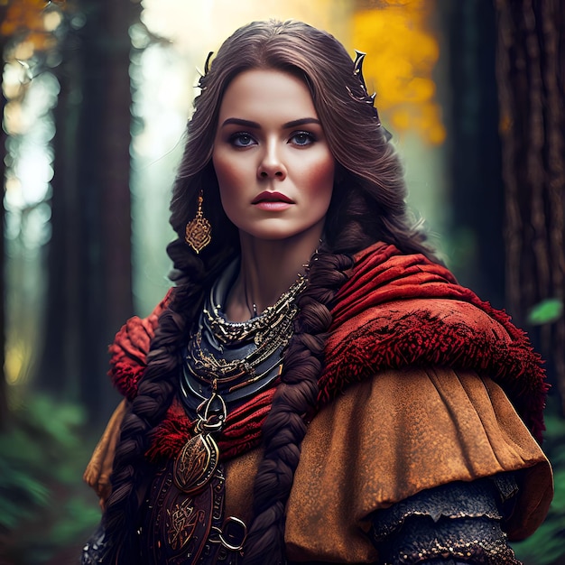 Beautiful warrior viking woman at the forest generative art by AI