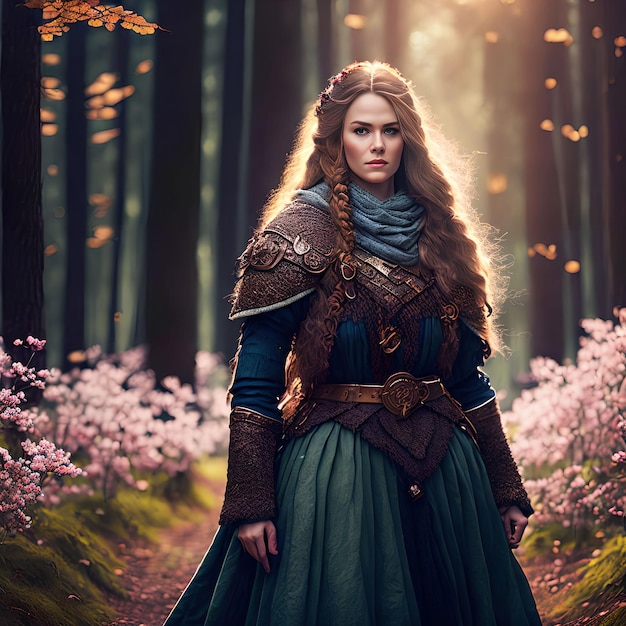 Beautiful warrior viking woman at the forest generative art by AI