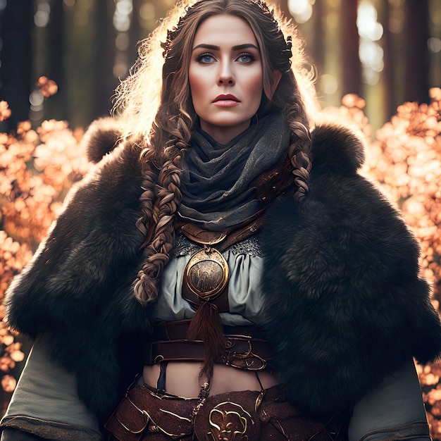 Beautiful warrior viking woman at the forest generative art by AI