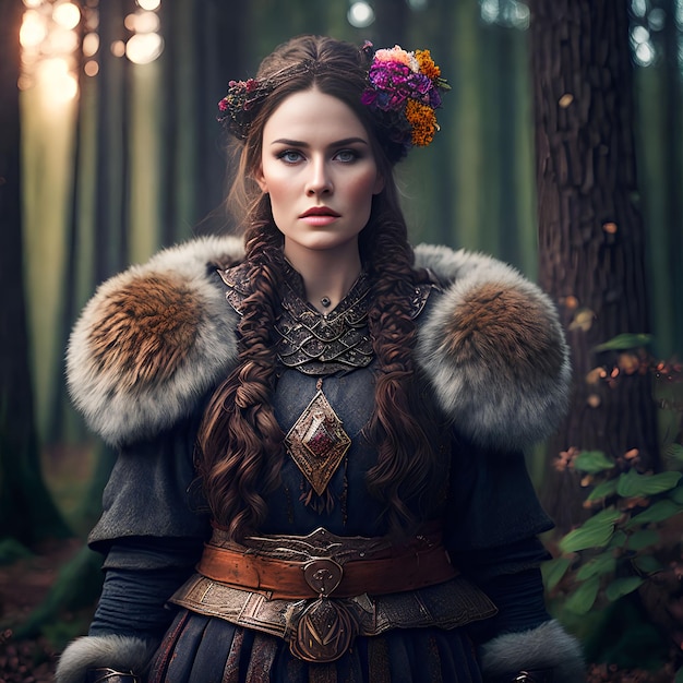 Beautiful warrior viking woman at the forest generative art by AI