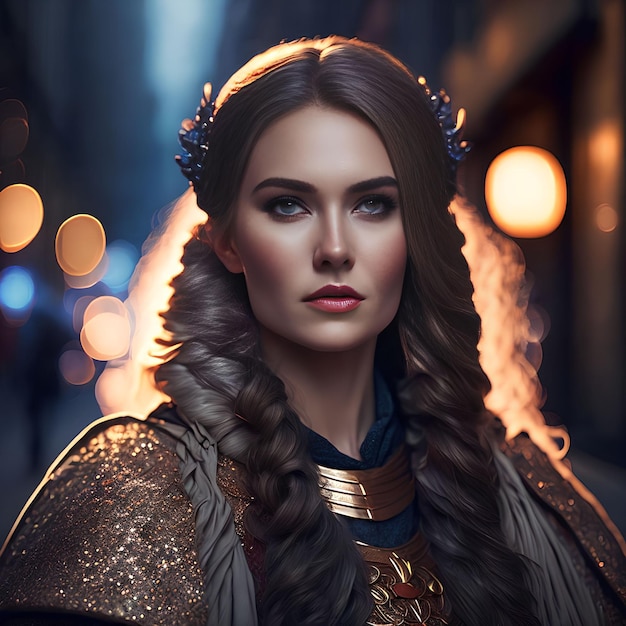 Beautiful warrior viking woman at the street night light generative art by AI