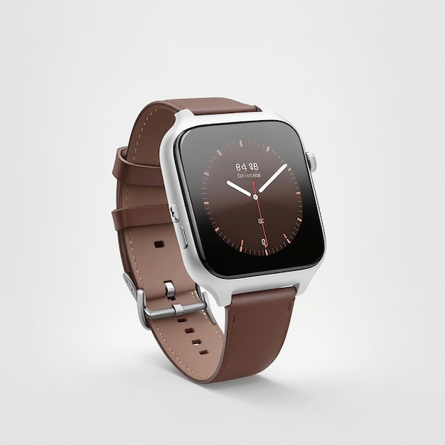 Beautiful watch with a brown leather band on white background