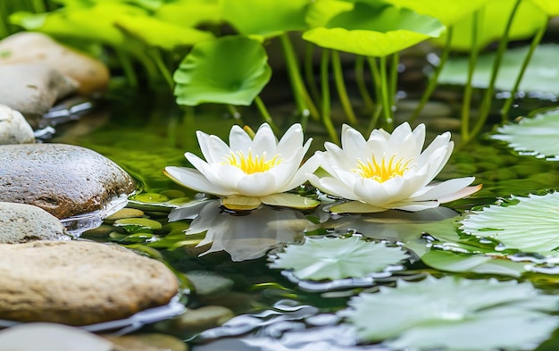 Beautiful water lilies blooming in a tranquil pond surrounded by smooth stones and vibrant green leaves during a sunny day