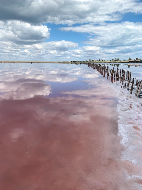 Beautiful water in pink salt lake reflects clouds and sky