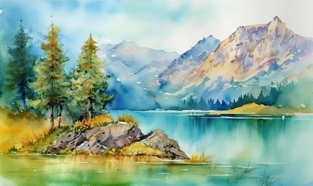 Beautiful watercolor of alps with a serene lake Creating using generative AI tools