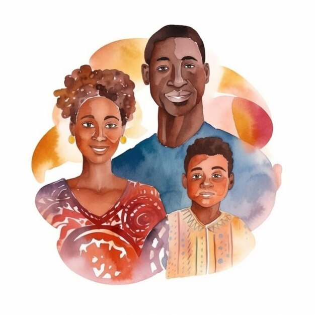 Photo a beautiful watercolor artwork portraying a black family with joyous expressions