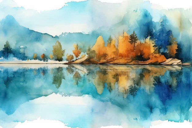 Beautiful watercolor autumn landscape with lush colorful autumn trees