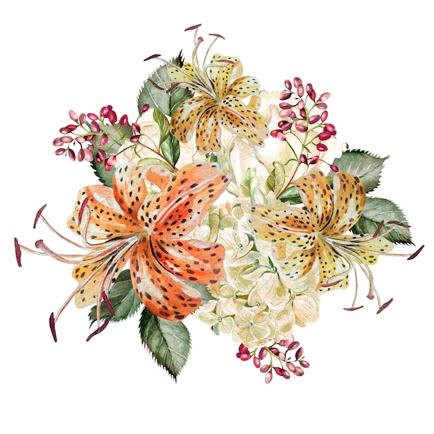 A beautiful watercolor bouquet with hudrangea and lilies Illustration