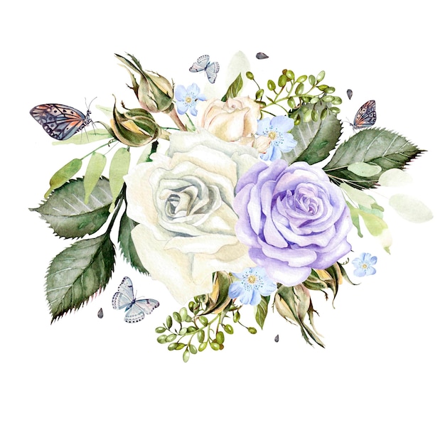 A beautiful watercolor bouquet with roses and butterfly Illustration