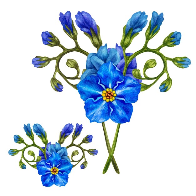 Beautiful watercolor bouquets of blue forgetmenots made in the form of vignettes for easter wedding