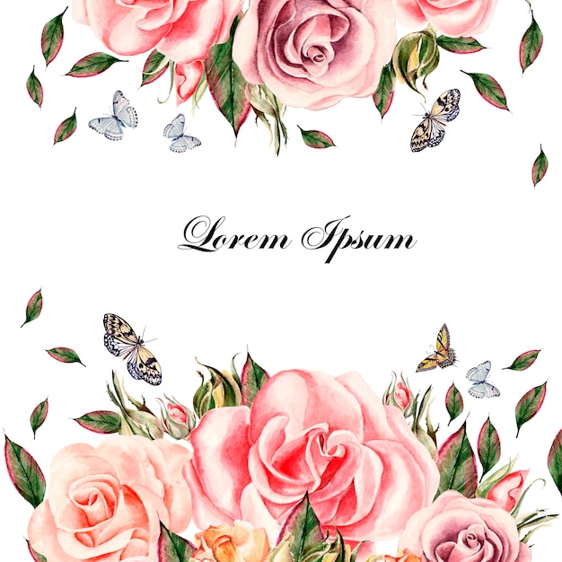 Beautiful watercolor card with rose flowers and leaves Butterflies and plants