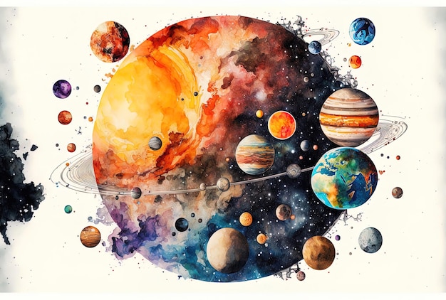 Beautiful watercolor composition of the solar system