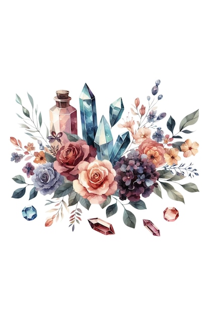 Beautiful Watercolor Crystal and Flowers Artwork