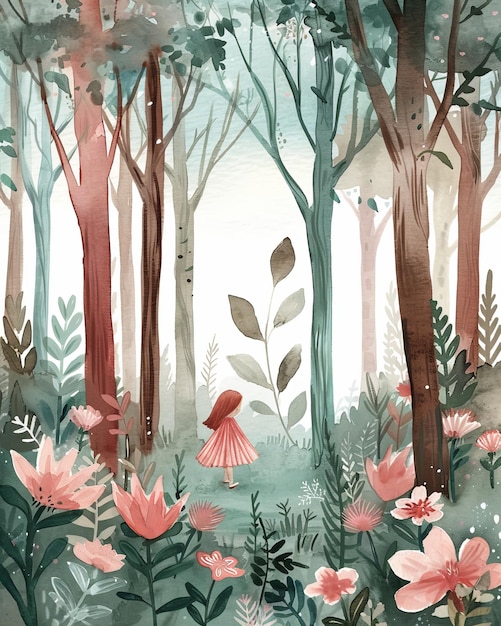 Beautiful watercolor forest with flowers Hand drawn vector illustration