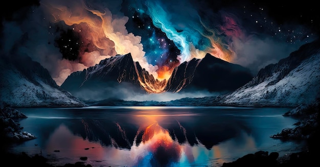 Beautiful watercolor A glassy placid lake in the arctic mountains a glowing galactic nebulae hand of god bursting through the night sky