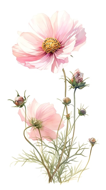 Beautiful watercolor illustration of delicate cosmos flowers with lush foliage the essence of nature