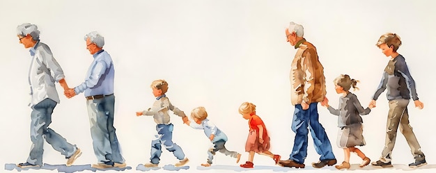 A beautiful watercolor illustration depicting generations walking together showcasing the bond