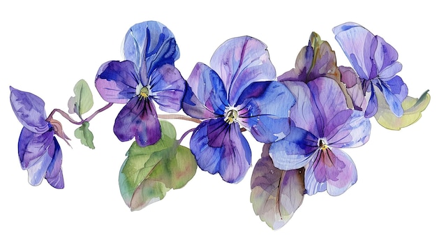 Beautiful watercolor illustration of purple and blue sweet violet flowers for floral design