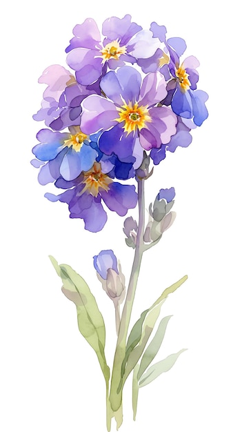 Beautiful watercolor illustration of purple flowers with green leaves isolated on a white background