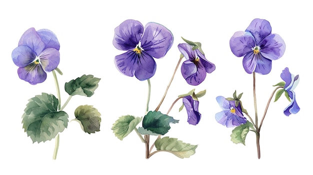 Beautiful watercolor illustration of three sweet violet purple with green leaves for posters cards