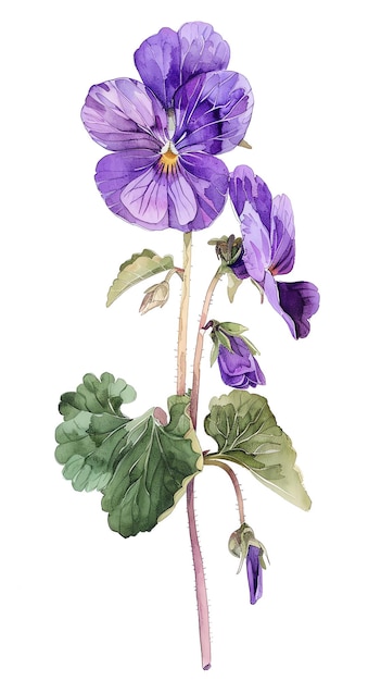 Beautiful watercolor illustration of a vibrant purple flower with detailed green leaves