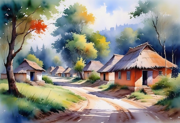 Beautiful watercolor of Indian village houses against green forest background watercolor painting